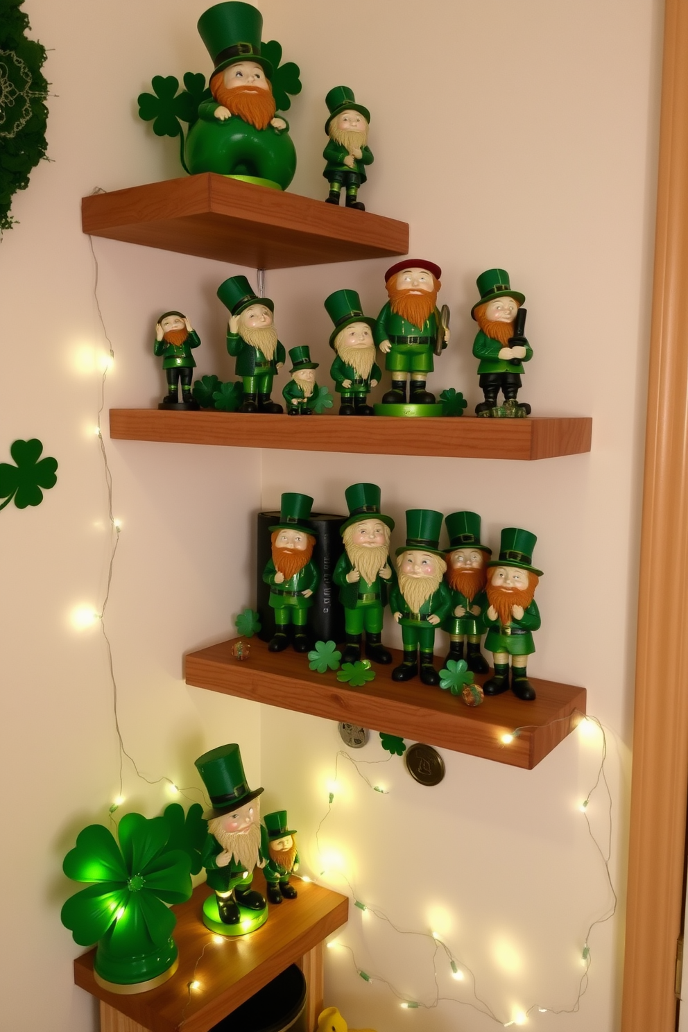 Leprechaun figurines are artfully arranged on wooden shelves, bringing a whimsical touch to the decor. Each figurine varies in size and design, showcasing vibrant greens and golds that capture the essence of St. Patrick's Day. In this small space, clever use of vertical shelving maximizes display area while maintaining an uncluttered look. Decorative accents like shamrocks and twinkling fairy lights enhance the festive atmosphere without overwhelming the room.