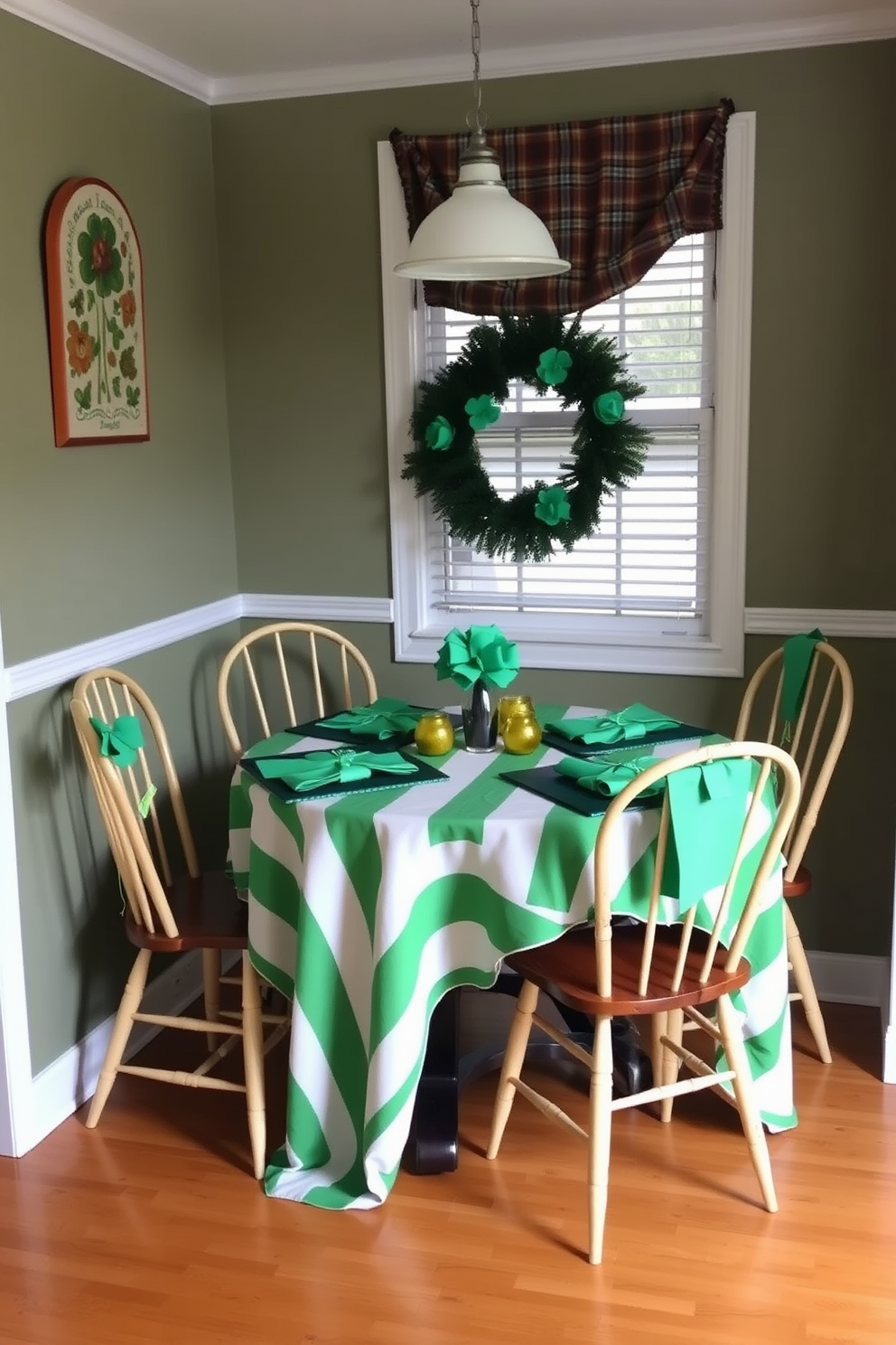 A cozy dining nook featuring a green and white striped tablecloth draped over a small round table. Surrounding the table are four mismatched chairs, each adorned with festive St. Patrick's Day decorations like shamrock centerpieces and green napkins.