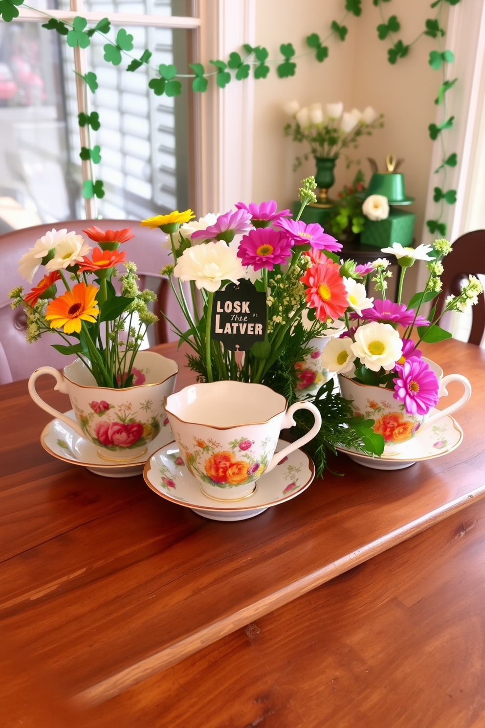 A charming display of vintage teacups filled with colorful flowers arranged on a rustic wooden table. The teacups showcase intricate floral patterns and are surrounded by greenery, creating a delightful centerpiece. Creative ideas for St. Patrick's Day decorating in a small space include hanging shamrock garlands and placing green accents throughout the room. Incorporate gold elements to add a touch of elegance while maintaining a festive atmosphere.