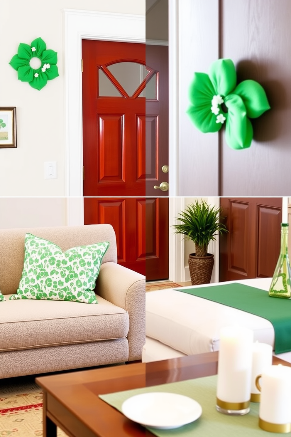 A charming DIY shamrock wreath adorns the front door, made from vibrant green felt and accented with delicate white flowers. The wreath is perfectly sized to complement the door without overwhelming the entrance. In a cozy living room, small space St. Patrick's Day decorating ideas include a few strategically placed green throw pillows and a small potted shamrock plant on the coffee table. Subtle touches like a green table runner and festive candles add a cheerful ambiance without cluttering the space.