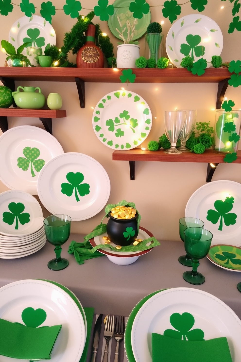 A charming St. Patrick's Day themed dishware display featuring a collection of green and white plates adorned with shamrock patterns. The display includes a centerpiece of a small decorative pot of gold surrounded by festive napkins and glassware. Creative small space St. Patrick's Day decorating ideas utilizing wall-mounted shelves to showcase green accents and themed decorations. Incorporate hanging garlands of shamrocks and fairy lights to add a touch of whimsy to the limited area.