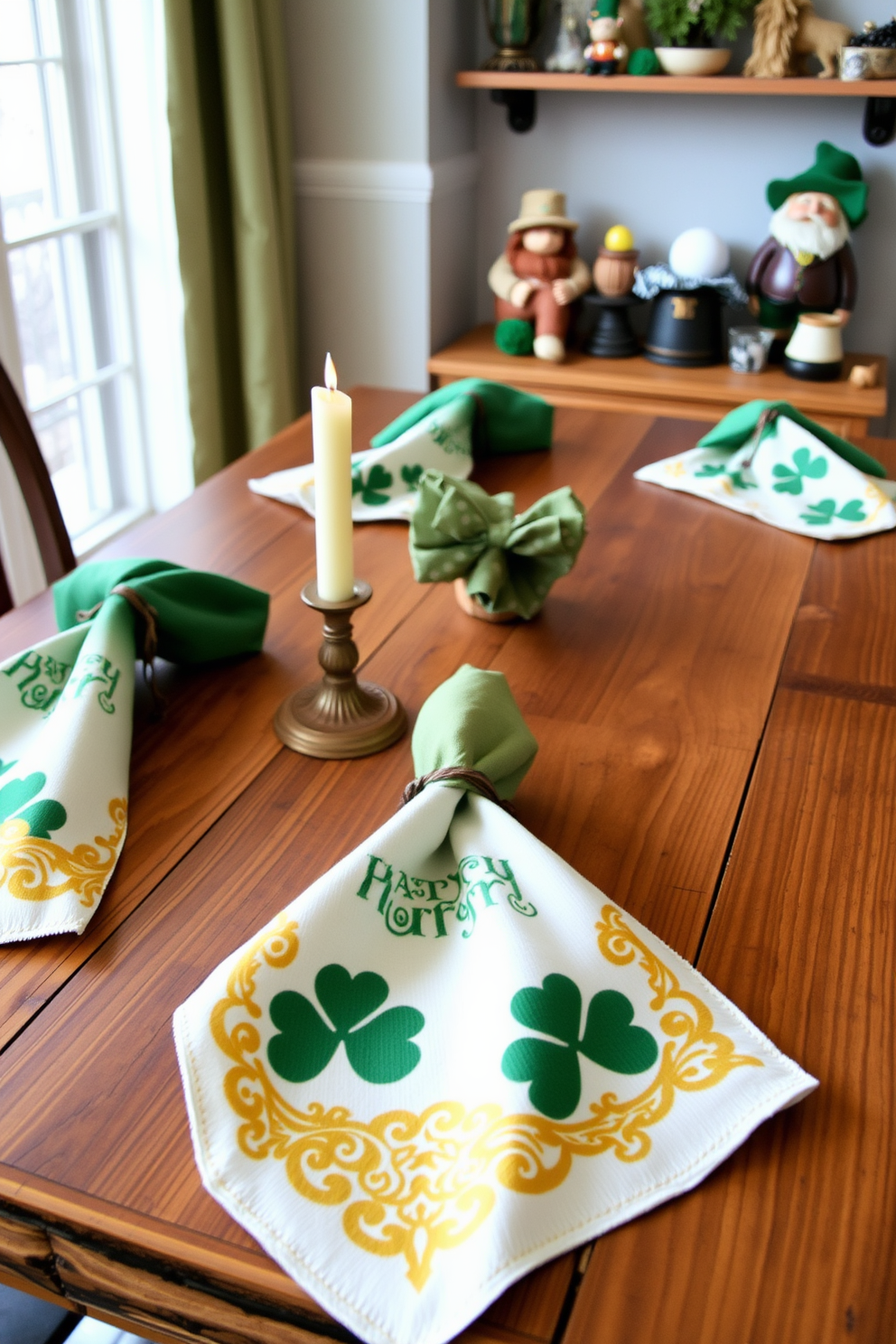 Festive napkins adorned with intricate Irish motifs are elegantly arranged on a rustic wooden table. The vibrant greens and golds of the napkins complement the natural elements of the decor, creating a warm and inviting atmosphere. In a cozy corner of the room, small decorative accents showcase St. Patrick's Day themes, such as shamrocks and leprechauns. Thoughtful placement of these elements enhances the festive spirit while maintaining a charming and uncluttered aesthetic.