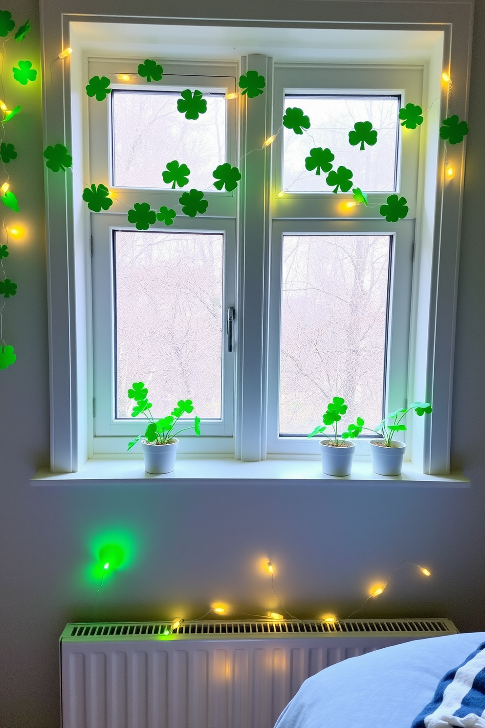 Mini shamrock plants adorn the windowsills, bringing a touch of vibrant green to the room. The decor features playful elements like garlands made of shamrocks and delicate fairy lights, creating a festive atmosphere for St. Patrick's Day.