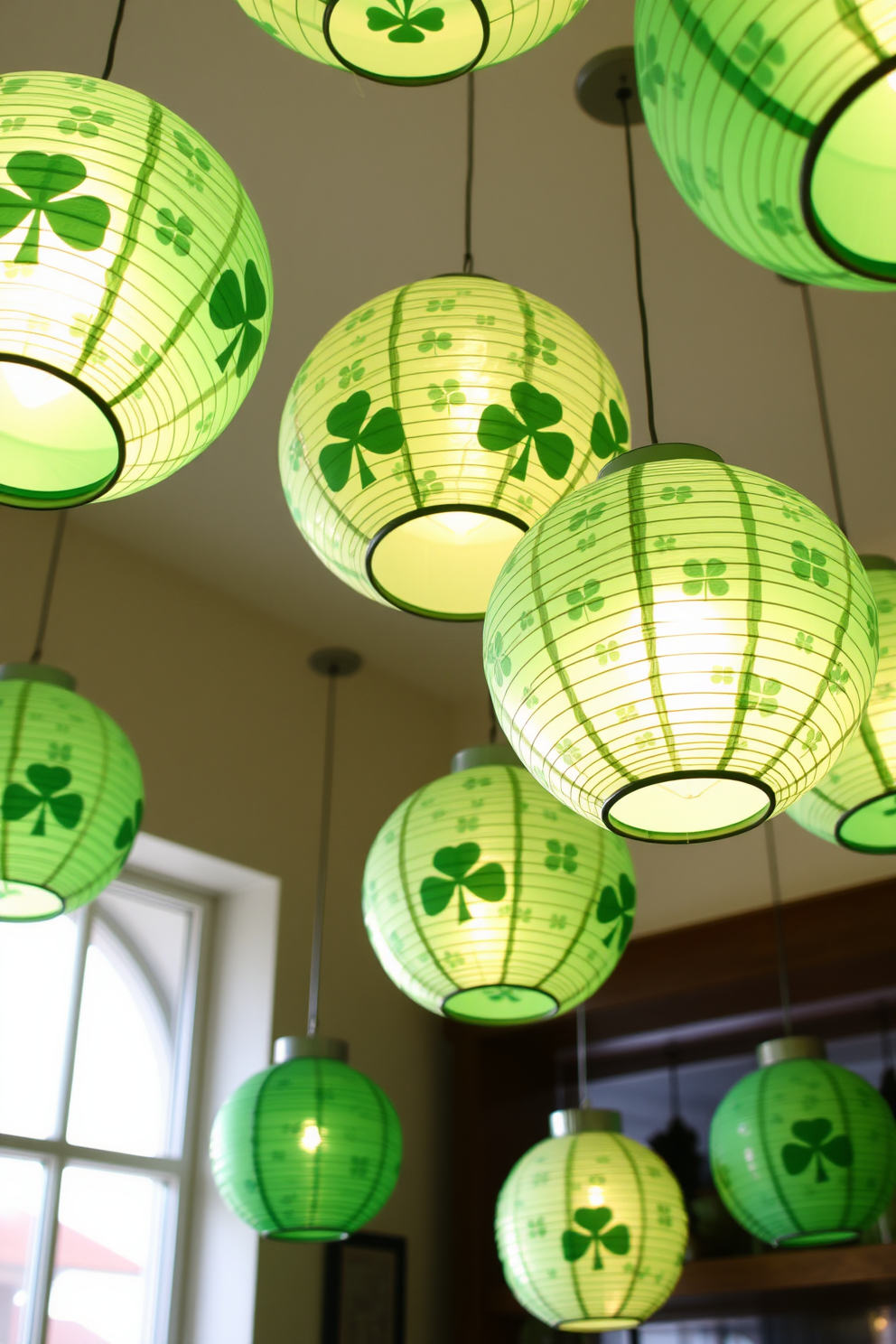 Hanging paper lanterns in green are suspended from the ceiling, casting a warm and inviting glow throughout the small space. The lanterns are adorned with delicate shamrock patterns, enhancing the festive St. Patrick's Day atmosphere.