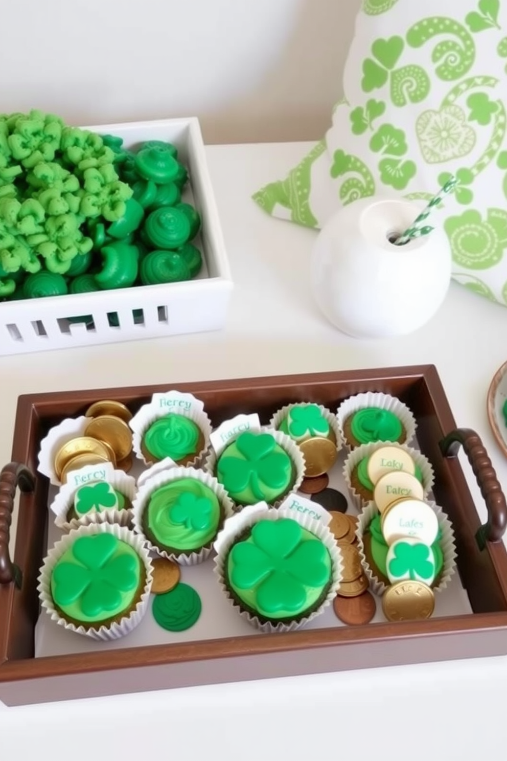 A colorful rainbow centerpiece is placed on a round dining table adorned with a crisp white tablecloth. Surrounding the centerpiece are small decorative elements like shamrock-shaped coasters and green candles to enhance the St. Patrick's Day theme. The table is set against a backdrop of light pastel walls, creating a cheerful atmosphere. Simple green garlands drape along the edges of the table, adding a festive touch to the small space.