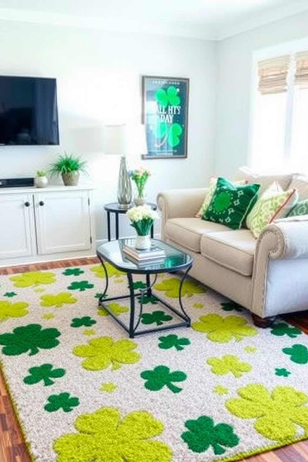 A cozy living room adorned with vibrant green curtains that frame the windows, allowing natural light to filter in and create a cheerful atmosphere. The space is tastefully decorated with subtle St. Patrick's Day accents, including small shamrock-themed cushions and a festive centerpiece on the coffee table.