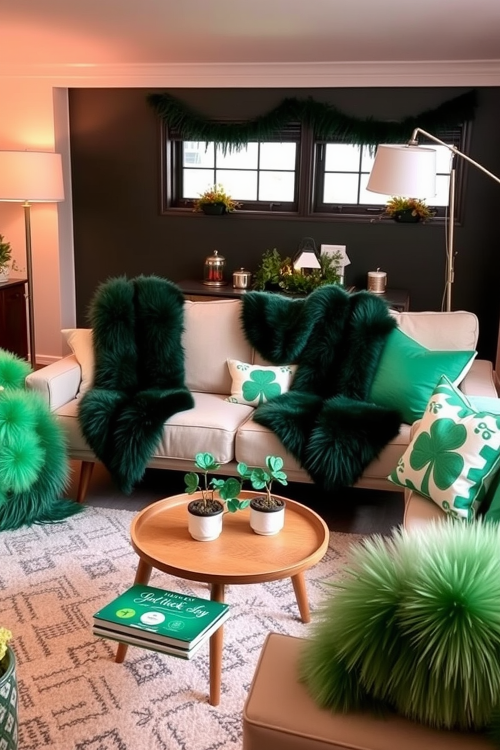 A cozy living area adorned with faux fur throws in various shades of green. The throws are draped over a stylish mid-century modern sofa, complementing the overall decor for a festive St. Patrick's Day ambiance. Decorative elements include small potted shamrocks on the coffee table and green-themed cushions that add a touch of holiday spirit. Soft lighting from a nearby floor lamp enhances the inviting atmosphere, making the space perfect for celebration.