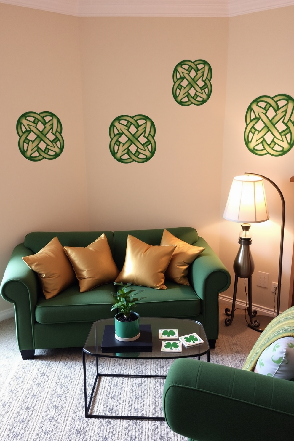 A cozy living room adorned with Celtic knot designs on wall decals that add a touch of heritage and elegance. The space features a small green sofa accented with gold pillows, creating a festive atmosphere for St. Patrick's Day. A compact coffee table sits in front of the sofa, decorated with a small potted shamrock plant and a few themed coasters. Soft lighting from a stylish lamp enhances the warm ambiance, making it perfect for intimate gatherings.