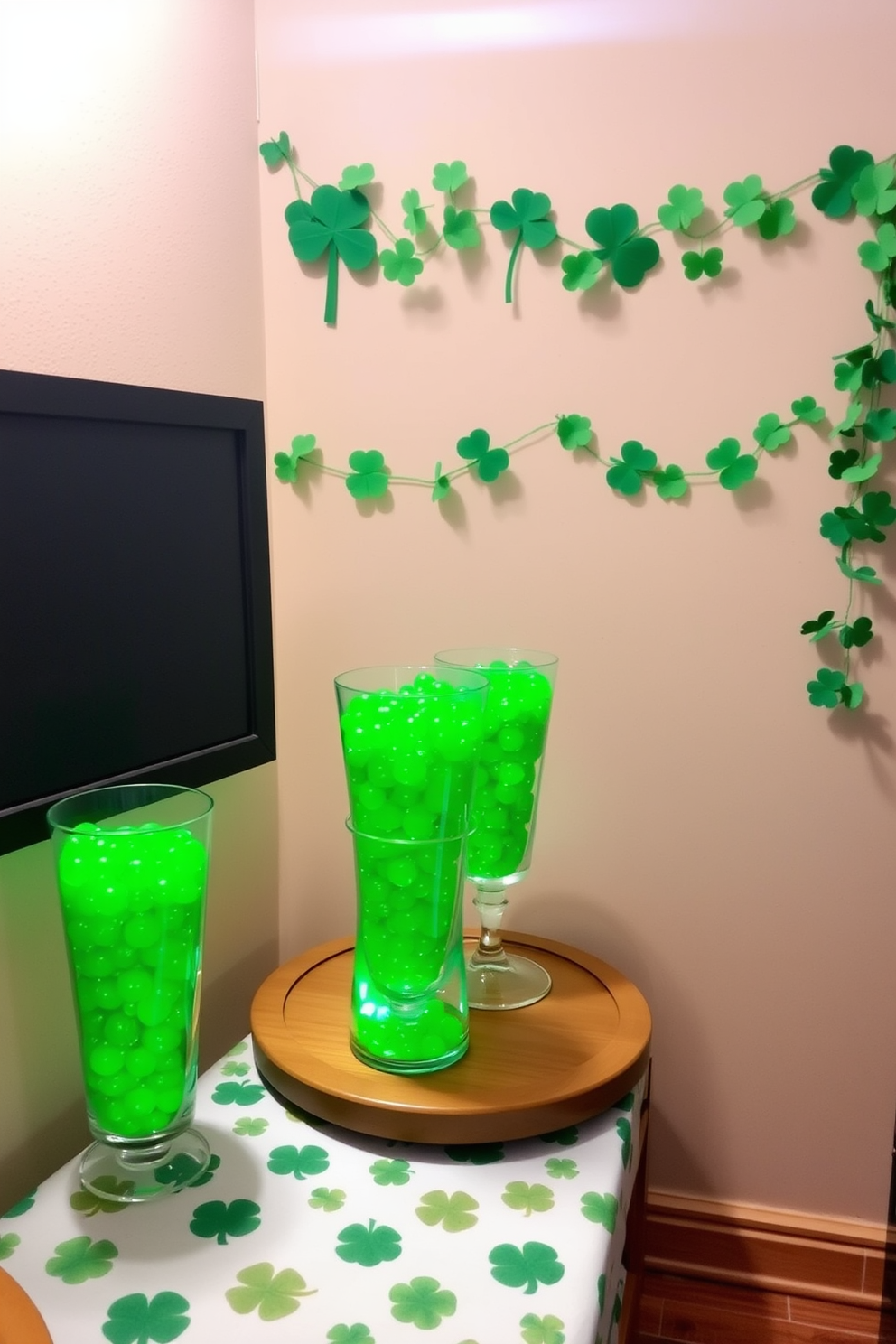 A cozy living room adorned with gold glittered clovers on the wall creates a festive atmosphere for St. Patrick's Day. The space features a small green sofa with plush cushions and a charming coffee table decorated with a vibrant centerpiece of shamrocks and candles.