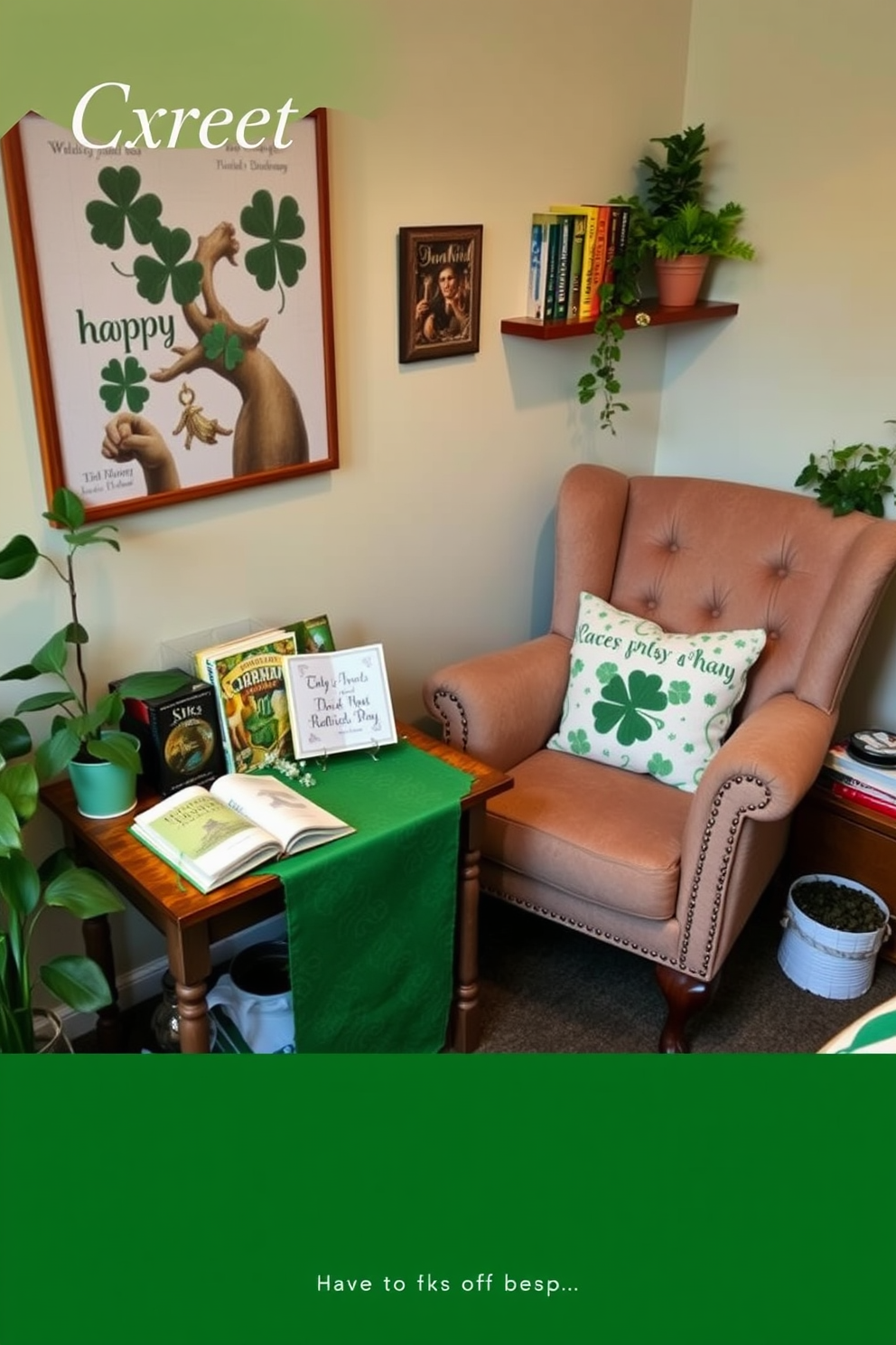 Create a cozy reading nook with seasonal books displayed on a small wooden table. The table is adorned with a green table runner and a few decorative items celebrating St. Patrick's Day. In the corner, a plush armchair invites relaxation, surrounded by potted plants and soft lighting. A small shelf nearby holds additional books and festive decorations, enhancing the seasonal charm.