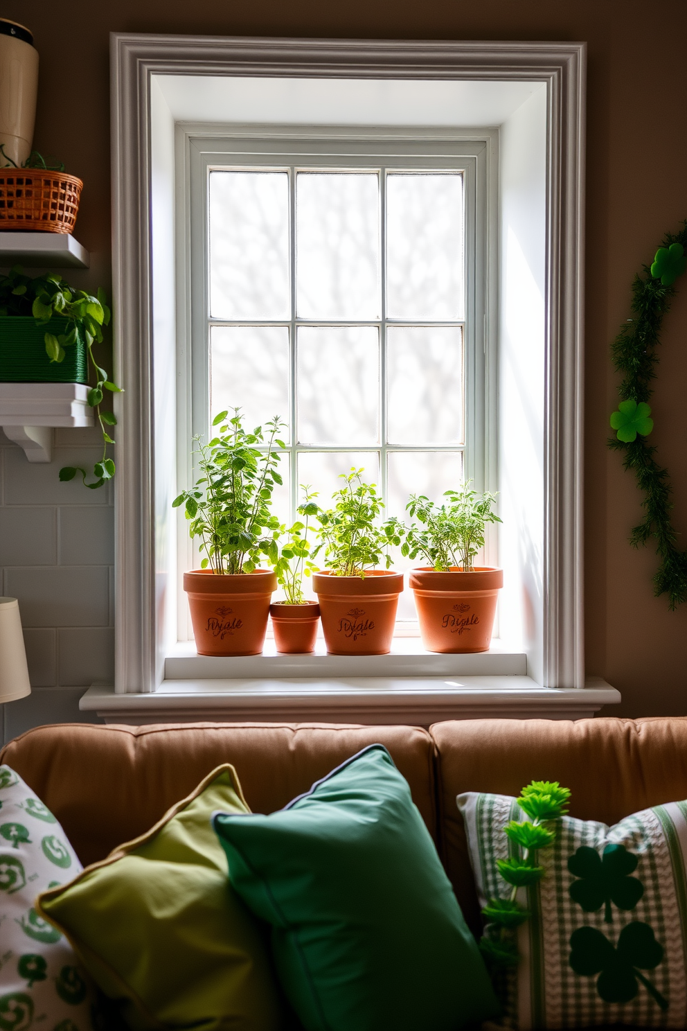 A cozy kitchen nook adorned with potted herbs on the windowsill. Fresh basil, rosemary, and thyme in rustic terracotta pots add a touch of nature and vibrant green to the space. A charming living room setup featuring St. Patrick's Day decorations. Subtle green accents, such as pillows and a festive garland, create a warm and inviting atmosphere perfect for celebrating.