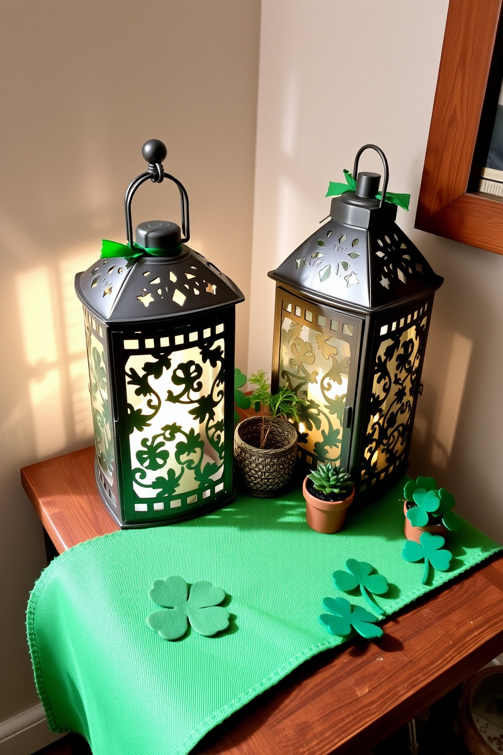 Banners with St Patricks Day greetings featuring vibrant green hues and playful shamrock designs hang across the room. The festive atmosphere is enhanced with twinkling fairy lights that illuminate the cheerful messages. Small Space St. Patricks Day Decorating Ideas include a compact table adorned with a green tablecloth and a centerpiece of gold coins and miniature leprechauns. Wall-mounted shelves display small potted shamrocks and themed decorations to maximize the use of vertical space.