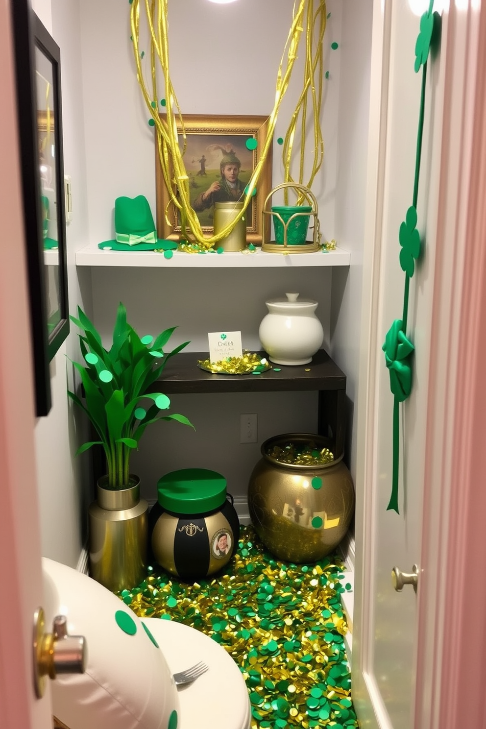 A charming small space decorated for St. Patrick's Day. Gold and green confetti adorns various surfaces, creating a festive atmosphere.