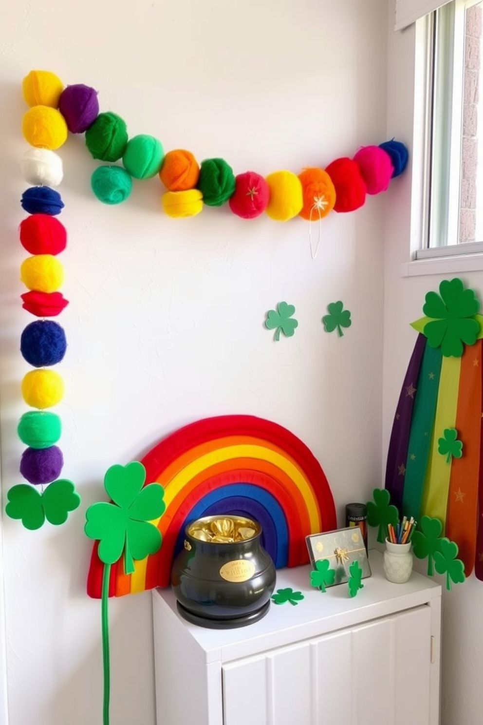 A vibrant rainbow garland stretches across the walls, adding a cheerful touch to the space. The garland features an array of colorful felt balls, creating a playful atmosphere perfect for St. Patrick's Day celebrations. In this small space, clever arrangements of green decorations complement the rainbow theme. Shamrock accents and gold accents enhance the festive spirit while maintaining a cozy and inviting feel.