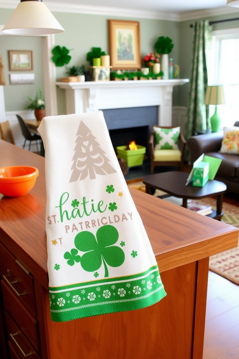 Tea towels adorned with festive St. Patrick's Day designs are neatly arranged on a wooden countertop. The vibrant colors and playful patterns add a cheerful touch to the kitchen ambiance. In a cozy living space, small touches of St. Patrick's Day decor bring the holiday spirit to life. A few strategically placed green accents and themed decorations create a charming festive atmosphere without overwhelming the space.