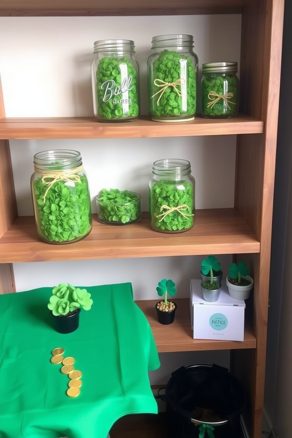 Decorative mason jars filled with faux moss are arranged on a rustic wooden shelf. The jars are various sizes, showcasing the vibrant green moss, and are accented with twine bows for a charming touch. In a cozy corner of a small space, St. Patrick's Day decorations create a festive atmosphere. A simple green tablecloth is laid over a round table, adorned with gold coins and small potted shamrocks for an inviting look.