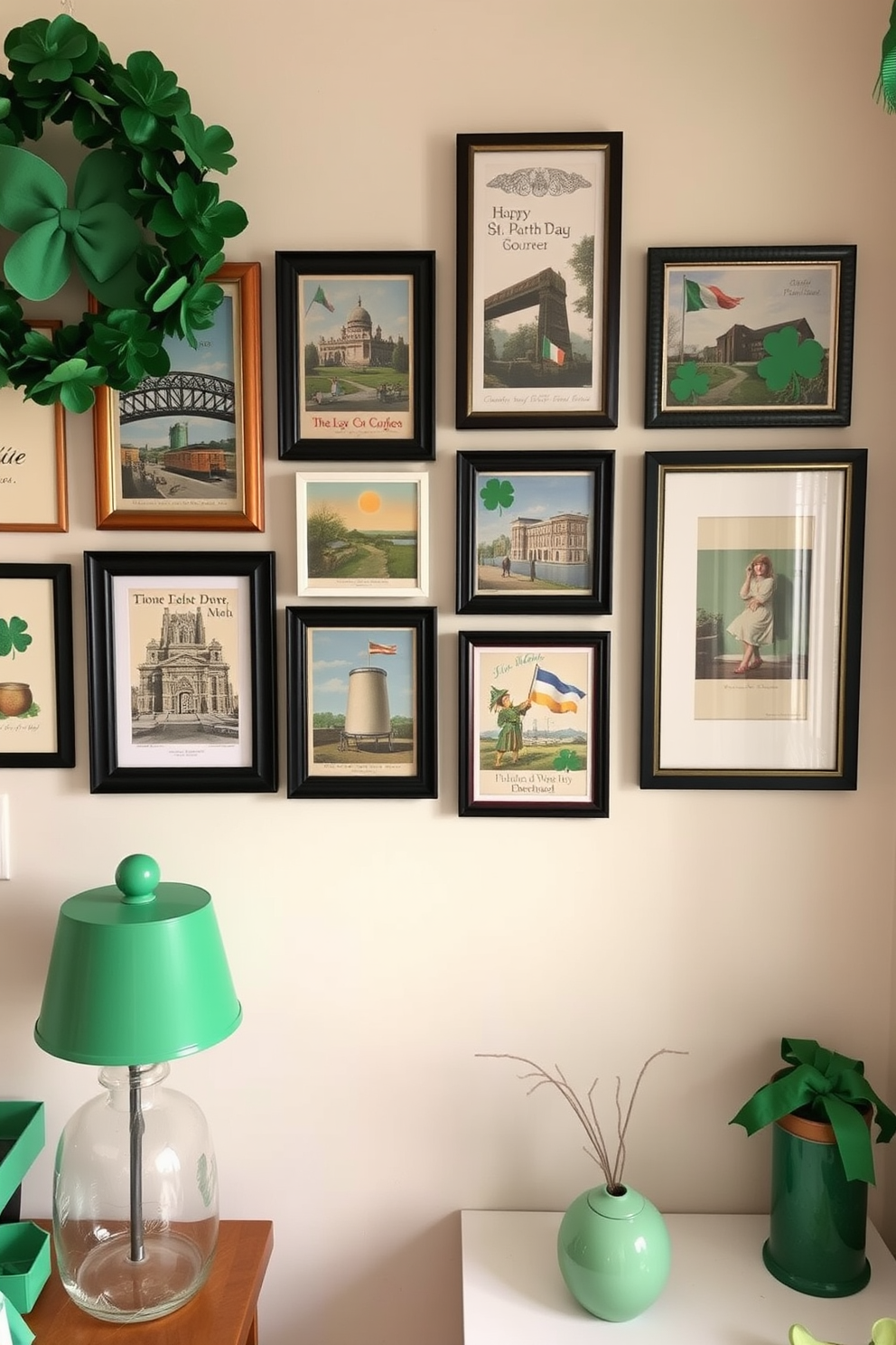 Framed vintage Irish postcards are arranged in a charming gallery wall, showcasing various designs and colors that evoke the spirit of St. Patrick's Day. The postcards are complemented by soft green accents in the decor, creating a festive yet cozy atmosphere in the small space.