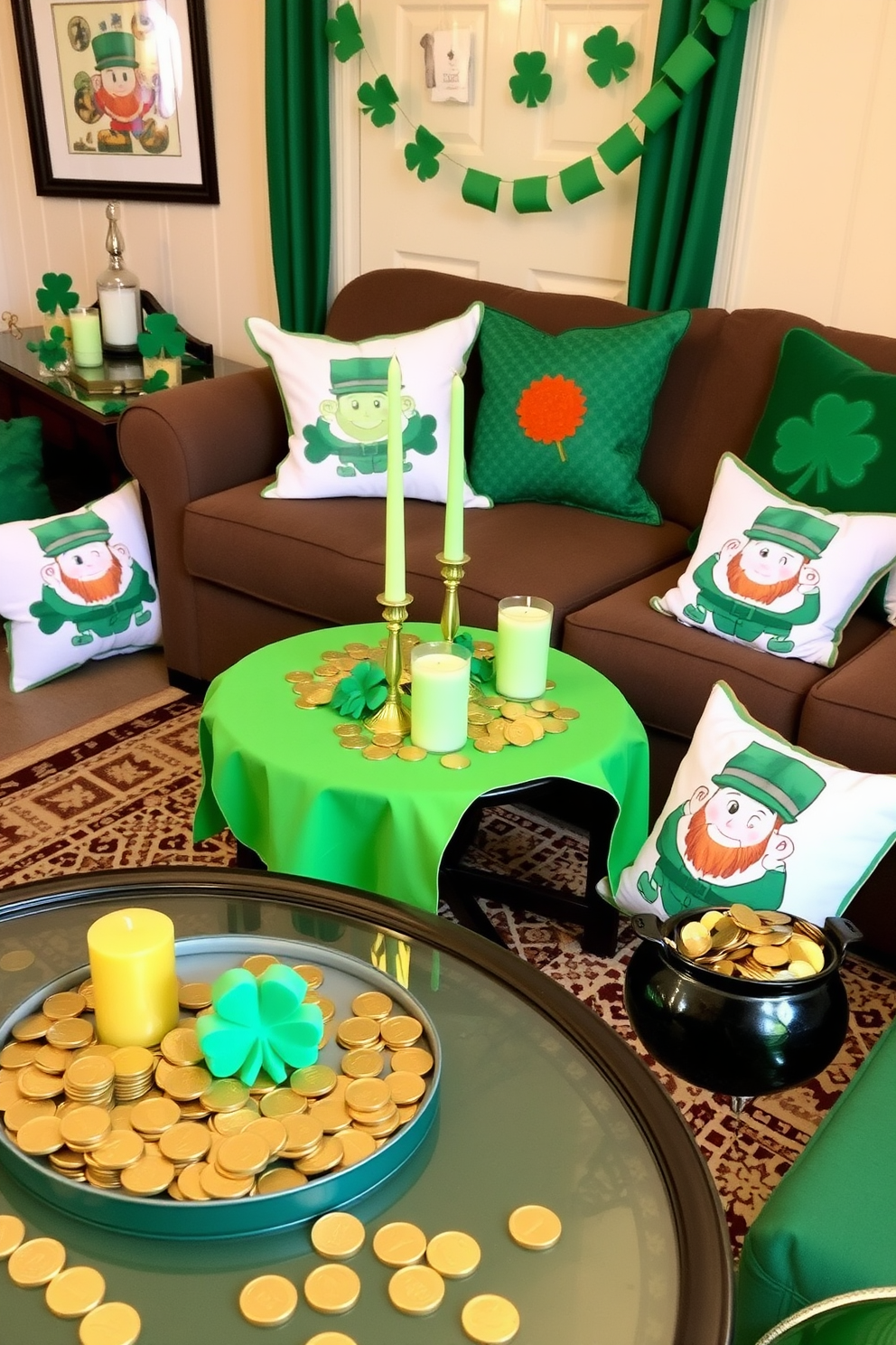 A cozy living room decorated for St. Patrick's Day. Gold coins are scattered on tabletops alongside green shamrocks and festive candles. The space features a small coffee table adorned with a vibrant green tablecloth. Cushions with playful leprechaun motifs add a whimsical touch to the seating area.