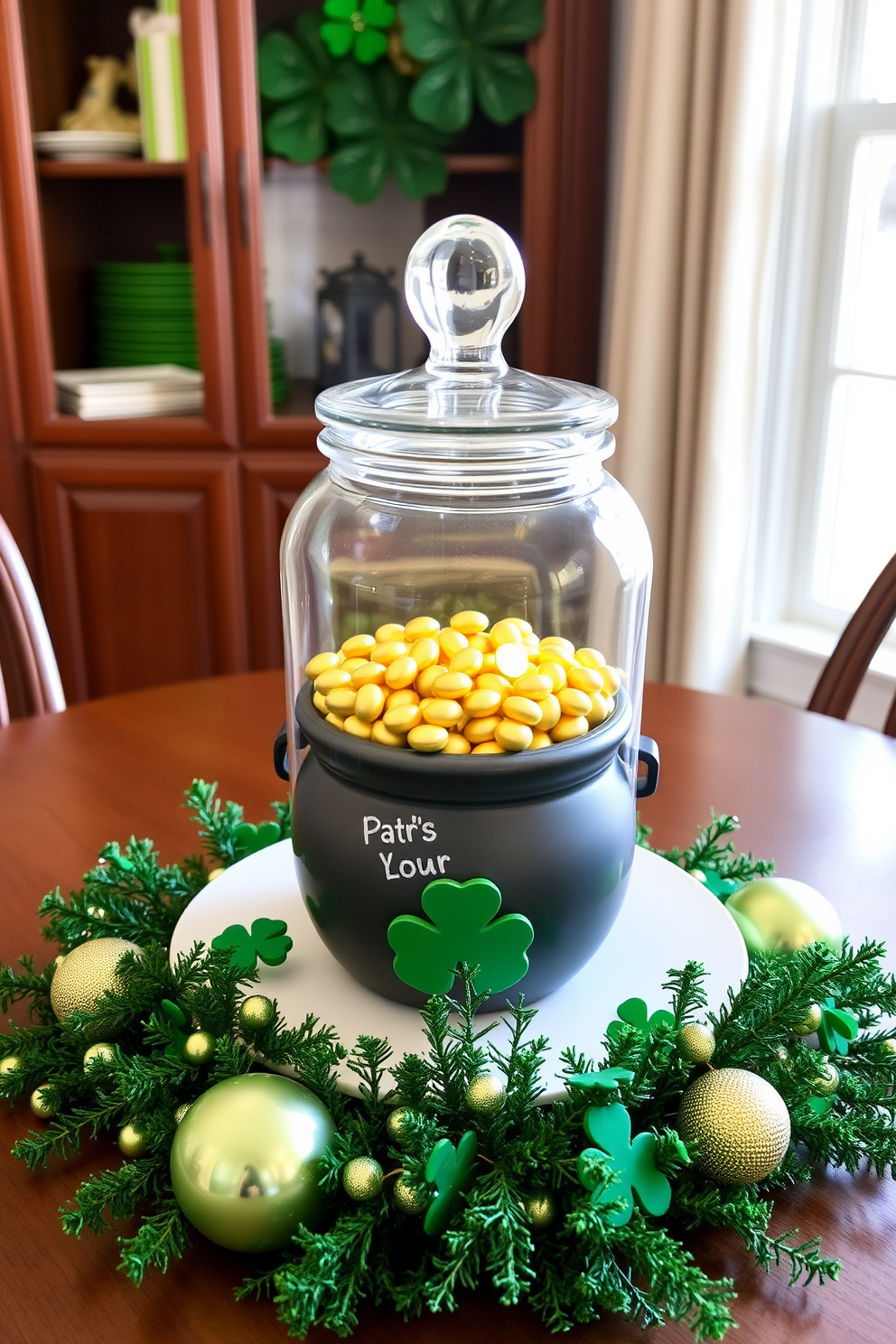 A charming pot of gold candy jar serves as a delightful centerpiece for your St. Patrick's Day celebration. Surround the jar with small green accents and festive decorations to enhance the holiday spirit in your cozy space.