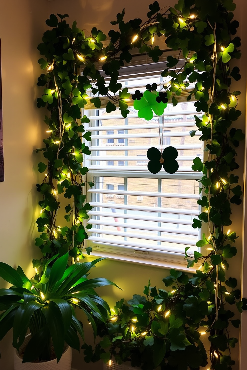 Create an inviting small space decorated for St. Patrick's Day. String lights are elegantly wrapped around lush greenery, casting a warm glow throughout the room.