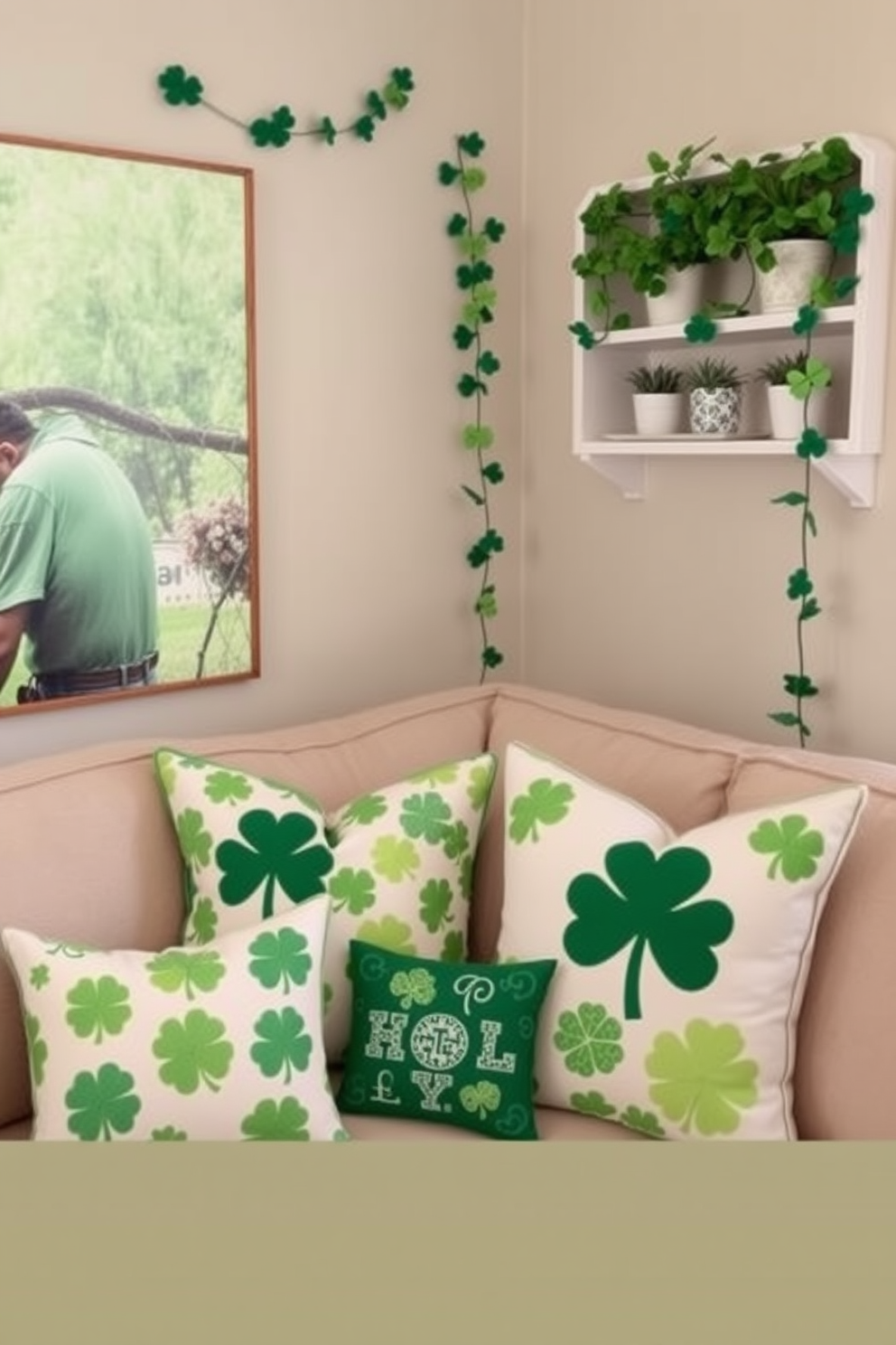 Create a cozy living room scene featuring St. Patrick's Day themed throw pillows. The pillows are adorned with various green hues, shamrock patterns, and festive designs, arranged on a comfortable neutral sofa. In a small space, utilize vertical surfaces for St. Patrick's Day decorations. Hang garlands of shamrocks and place small potted plants on shelves to bring a touch of greenery and celebration to the area.