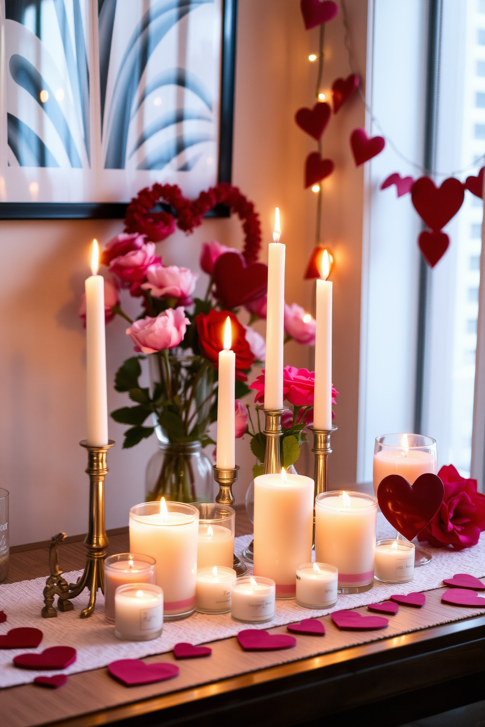 Cozy candle arrangement on the table featuring an assortment of candles in varying heights and sizes. Soft, warm light emanates from the flickering flames creating an inviting atmosphere perfect for a romantic evening. Small space Valentine's Day decorating ideas include strategically placing heart-shaped decor and fresh flowers to enhance the ambiance. Utilize vertical space by hanging garlands or artwork to add a festive touch without cluttering the limited area.