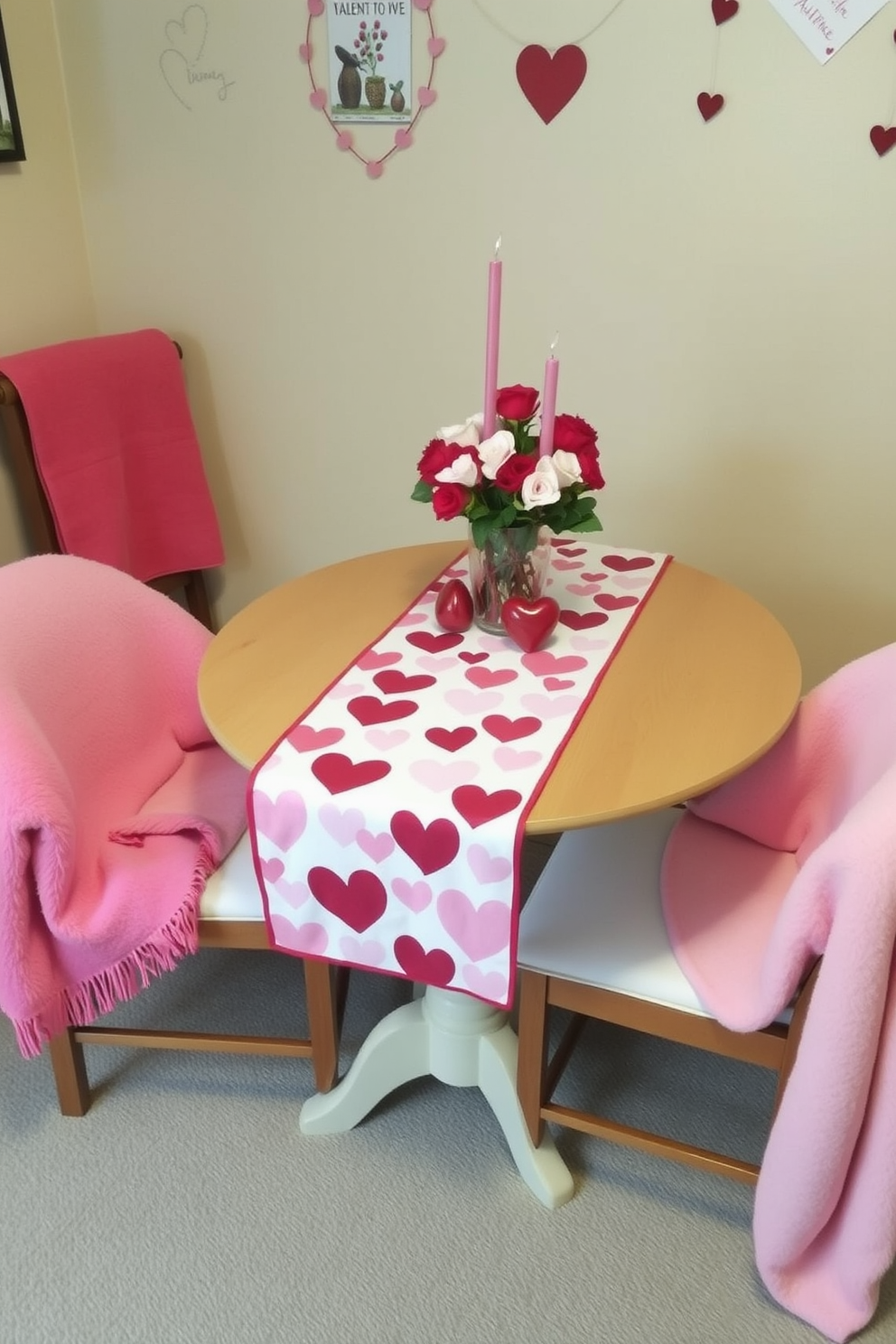 A festive table runner adorned with a hearts pattern stretches across a small dining table. Surrounding the table are cozy chairs, each draped with soft throw blankets in shades of pink and red. On the table, a charming centerpiece features a vase filled with fresh flowers and heart-shaped candles. The walls are decorated with subtle Valentine's Day accents, creating a warm and inviting atmosphere perfect for the holiday.