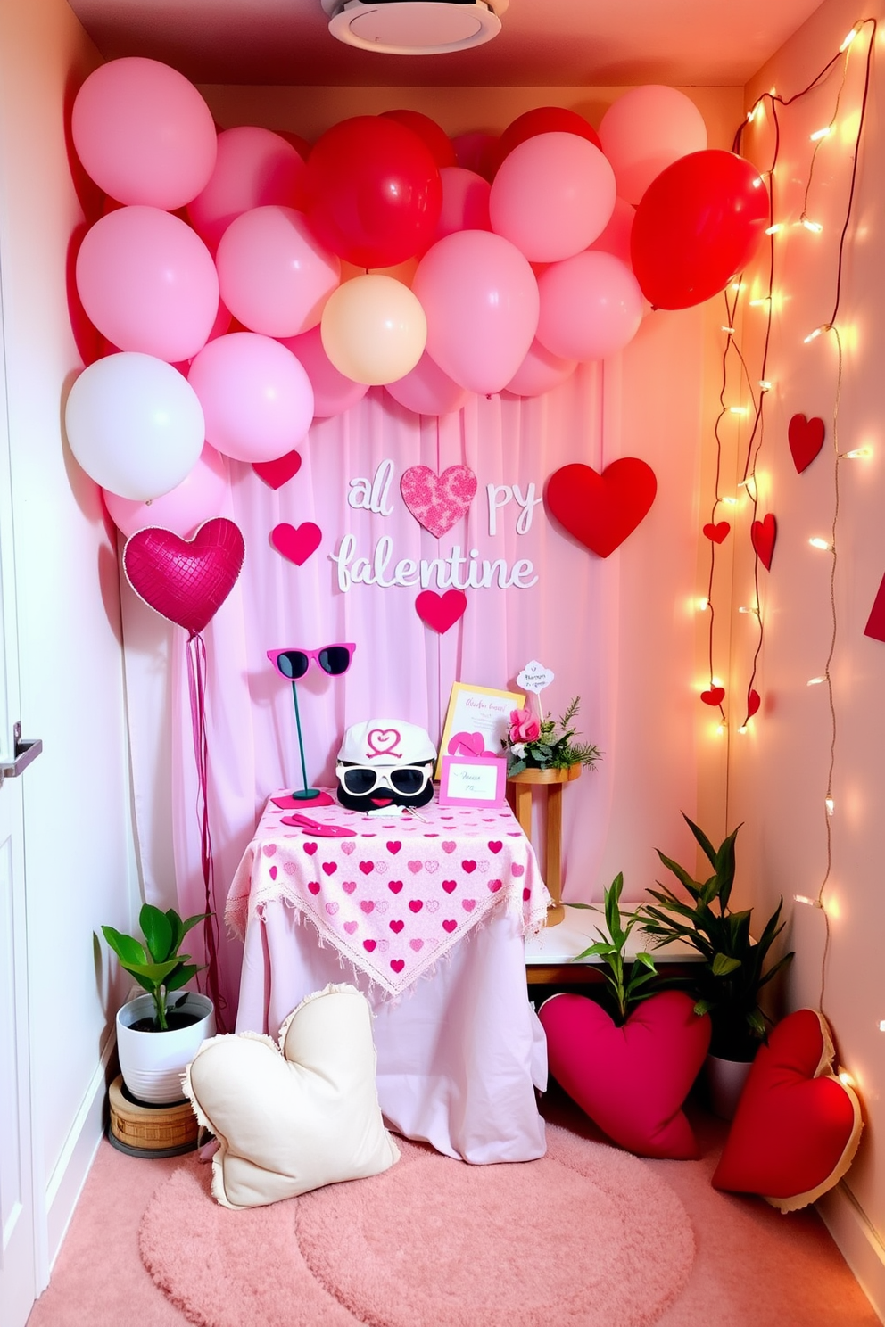 A charming display of DIY heart-shaped balloon arrangements fills the corner of a cozy living room. The balloons are in various shades of red and pink, tied together with delicate ribbons and floating gently above a small table adorned with a festive tablecloth. In a compact apartment, creative small space Valentine's Day decorating ideas transform the area into a romantic retreat. Soft fairy lights twinkle above, and a few strategically placed heart-themed accents add warmth and love to the intimate setting.