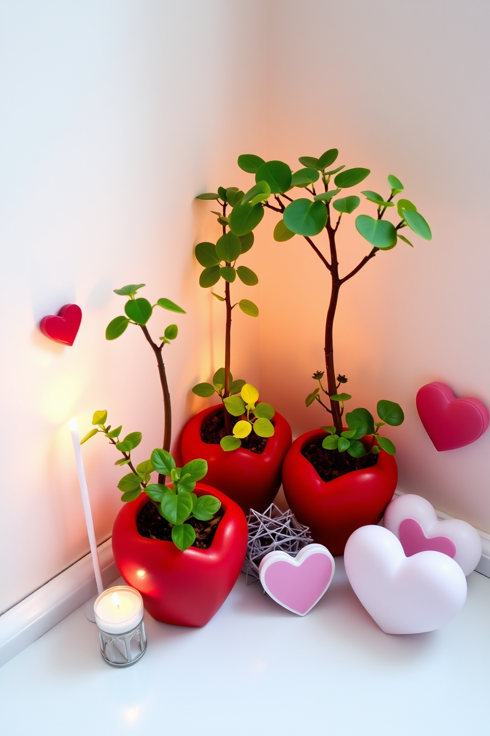 A cozy corner featuring small potted plants nestled in heart-shaped pots. The plants add a touch of greenery and warmth, perfect for a romantic Valentine's Day atmosphere. Charming decorations are arranged around the plants to enhance the small space. Soft lighting and delicate accents create an inviting and festive vibe for the celebration.