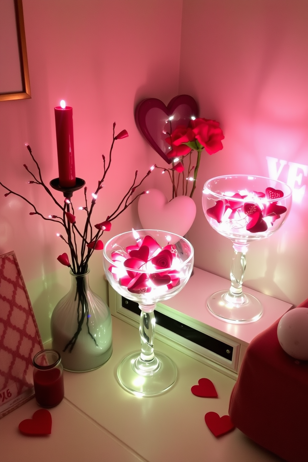 A cozy small space decorated for Valentine's Day is illuminated by romantic fairy lights nestled in elegant glass bowls. The soft glow of the lights creates an inviting atmosphere, complemented by delicate touches of red and pink throughout the decor.