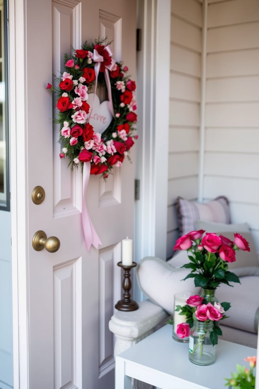 A charming seasonal wreath adorned with red and pink flowers hangs on a classic front door. The wreath features delicate heart-shaped accents and a soft ribbon, welcoming guests with a festive touch. Inside, small space Valentine's Day decorating ideas include a cozy nook with heart-shaped pillows on a compact sofa. A petite table is set with a romantic candle arrangement and a vase of fresh roses, creating an intimate atmosphere.