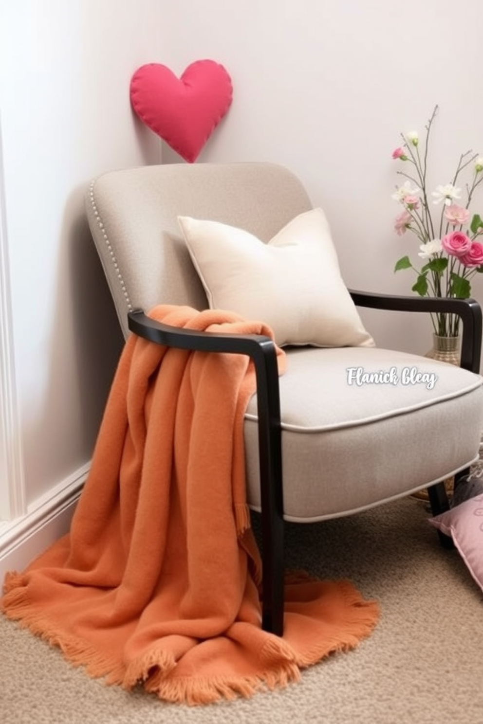 A stylish accent chair is adorned with a soft, cozy blanket in a warm hue. The chair is positioned in a small, inviting corner decorated with subtle Valentine's Day touches, such as heart-shaped cushions and delicate floral arrangements.