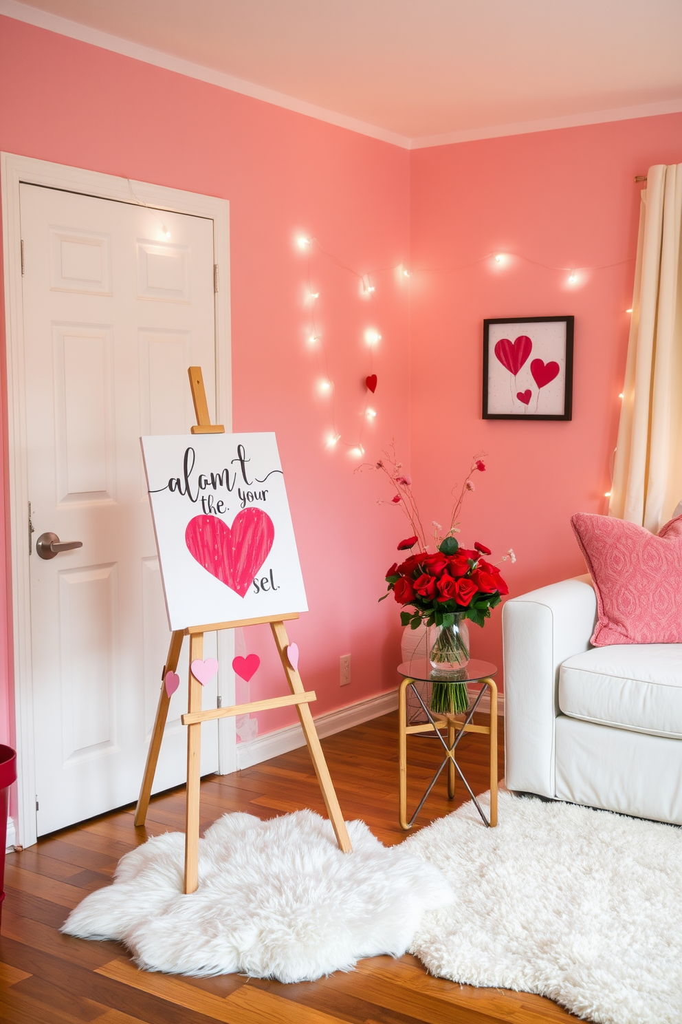 Valentine themed artwork displayed on an easel in a cozy living room. The walls are painted in soft pink tones, and a plush white rug lies on the hardwood floor. A small table adorned with heart-shaped decorations holds a bouquet of red roses. String lights softly illuminate the space, creating a warm and inviting atmosphere for Valentine's Day.