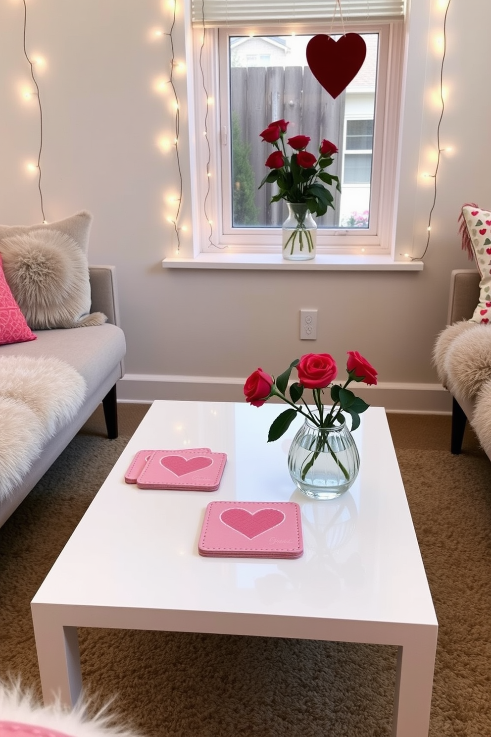 Sweetheart-themed coasters are placed on a sleek coffee table, featuring a soft pink hue and delicate heart patterns. Surrounding the table, cozy seating with plush cushions creates an inviting atmosphere perfect for a romantic gathering. In a small space, Valentine's Day decorations include string lights draped along the walls, casting a warm glow. A small vase filled with red roses sits on a windowsill, adding a touch of love without overwhelming the limited space.