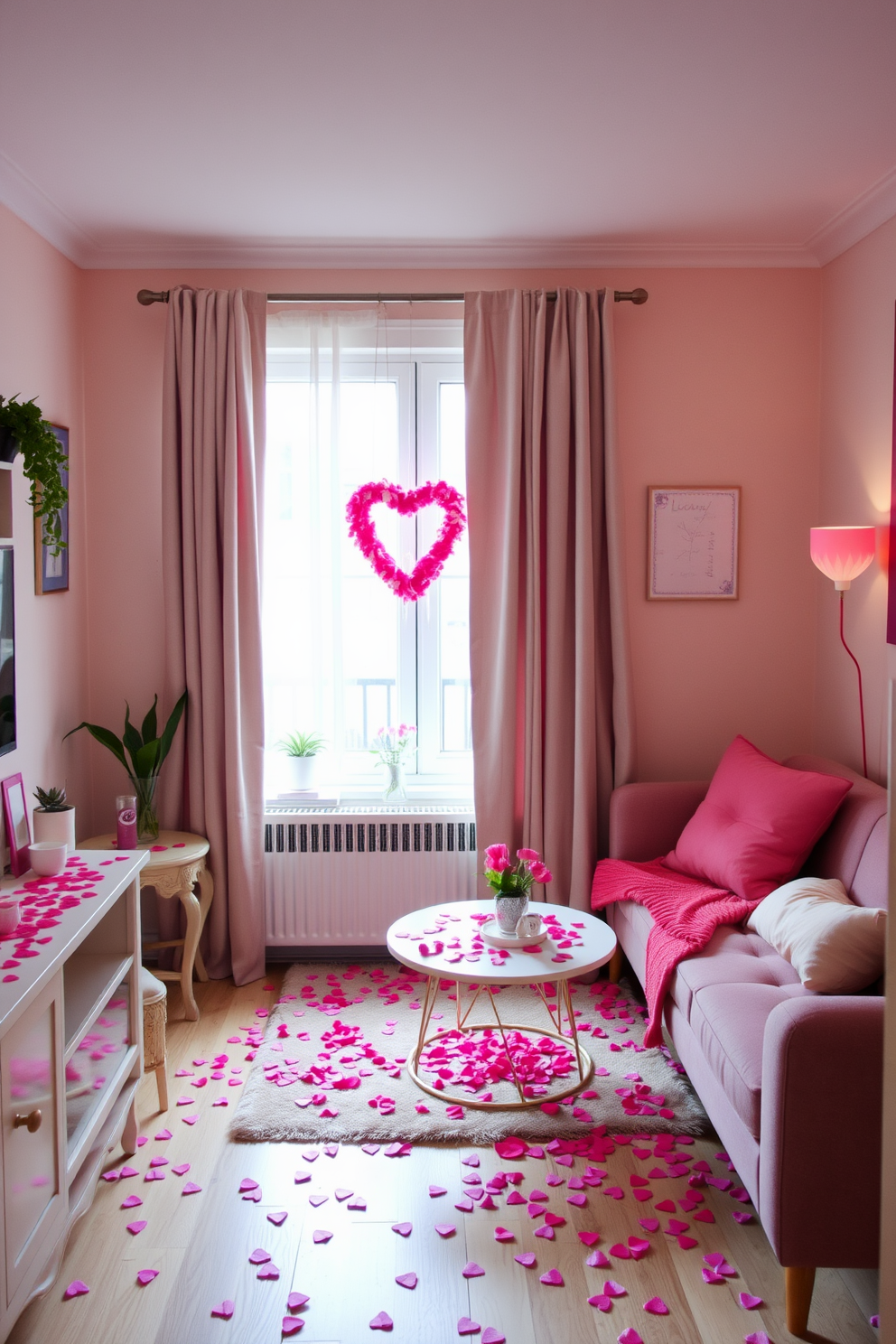 A charming small living space adorned for Valentine's Day with heart-shaped confetti scattered across various surfaces. Soft pastel hues dominate the decor, creating a warm and inviting atmosphere perfect for celebrating love.