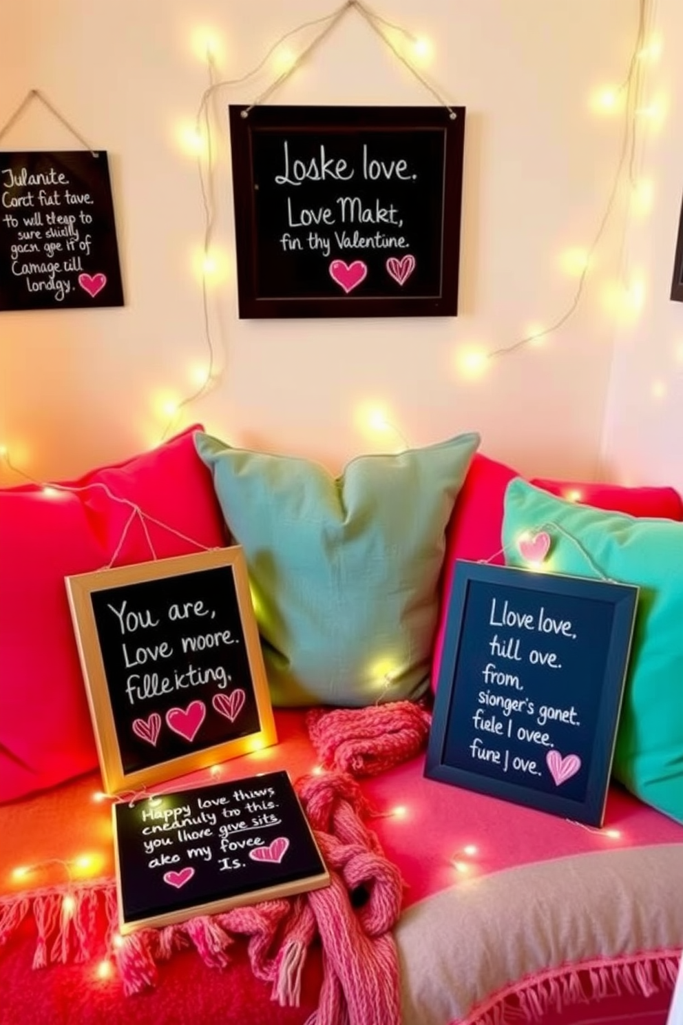 Mini chalkboards adorned with sweet love messages are strategically placed throughout the room. Each board features unique handwritten notes that add a personal touch to the Valentine's Day decor. Brightly colored cushions and throws are scattered across a cozy seating area, creating an inviting atmosphere. Delicate fairy lights are draped around the mini chalkboards, enhancing the romantic vibe of the small space.