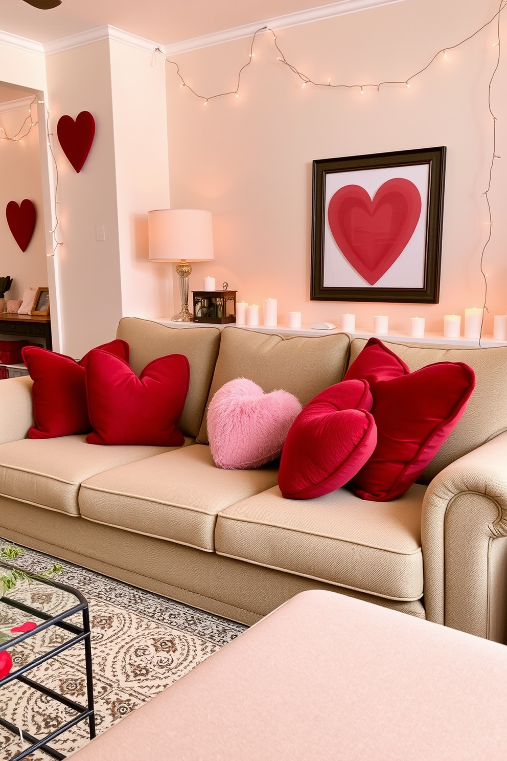 A cozy living room features a stylish sofa adorned with heart-shaped throw pillows in various shades of red and pink. The space is decorated with subtle Valentine's Day accents, such as delicate garlands and soft candlelight, creating a warm and inviting atmosphere.