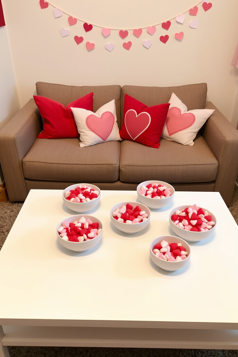 Decorative bowls filled with candy hearts are placed on a sleek white coffee table. The bowls are arranged in clusters, creating a cheerful and inviting atmosphere for Valentine's Day. Soft pink and red accents adorn the space, with heart-themed throw pillows on the couch. A delicate garland of paper hearts hangs above, adding a festive touch to the small area.