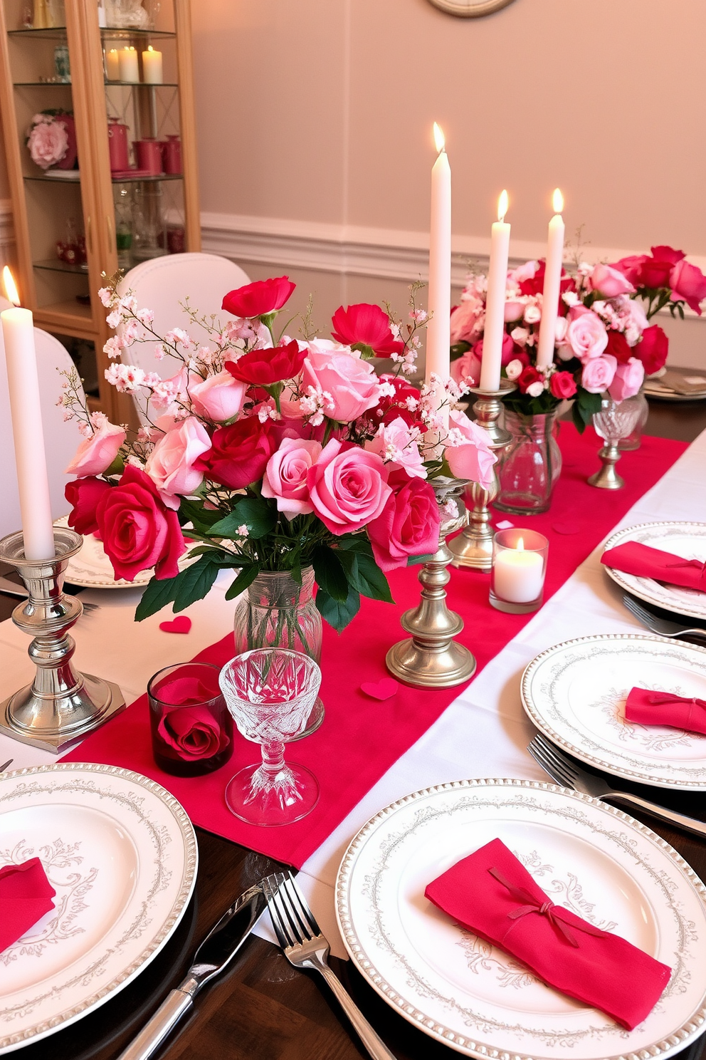 A charming dining table adorned with subtle red and pink table settings. Delicate floral arrangements in soft hues are placed in elegant vases, complementing the romantic theme. The table is set with fine china featuring intricate patterns, paired with polished silverware. Soft candlelight flickers from decorative holders, creating a warm and inviting atmosphere perfect for a cozy Valentine's Day celebration.