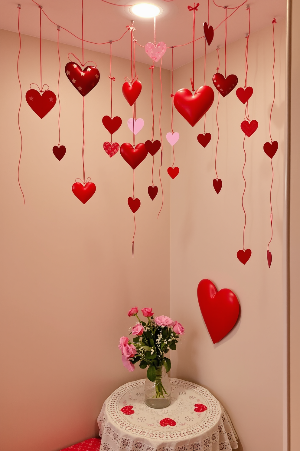 A cozy corner decorated for Valentine's Day. The ceiling is adorned with delicate hanging heart ornaments in various shades of red and pink. A small table is set with a romantic tablecloth and a bouquet of fresh flowers. Soft lighting creates an inviting atmosphere, perfect for celebrating love in a compact space.