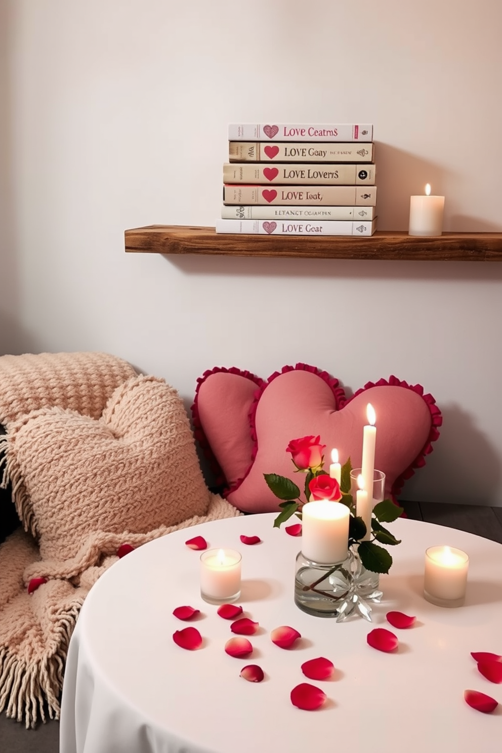 A cozy reading nook featuring love-themed books stacked decoratively on a rustic wooden shelf. Soft, ambient lighting creates a warm atmosphere, while a plush throw blanket and heart-shaped cushions add a romantic touch. A small dining table adorned with a simple yet elegant Valentine's Day centerpiece. Delicate candles and rose petals scattered across the table enhance the intimate setting, making it perfect for a romantic dinner at home.