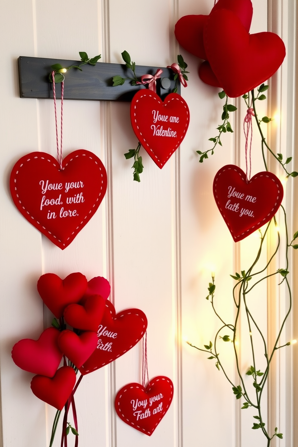 Charming heart-shaped door hangers adorn the entrance, crafted from vibrant red felt with delicate white stitching. Each hanger features a sweet message, adding a whimsical touch to the decor and inviting warmth into the small space. Small space Valentines Day decorating ideas include strategically placing clusters of heart-shaped balloons in corners and on shelves. Soft fairy lights intertwined with greenery create a cozy and romantic ambiance, perfect for celebrating love in a compact setting.