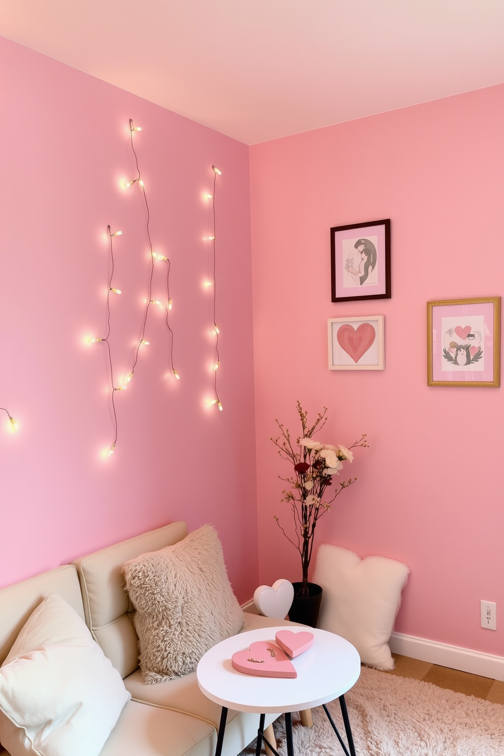 Accent wall painted in soft pink. The room features a cozy seating area with plush cushions and a small coffee table adorned with heart-shaped decor. Delicate fairy lights are draped along the wall, creating a warm and inviting atmosphere. A few framed romantic prints are hung to complement the soft hues of the decor.