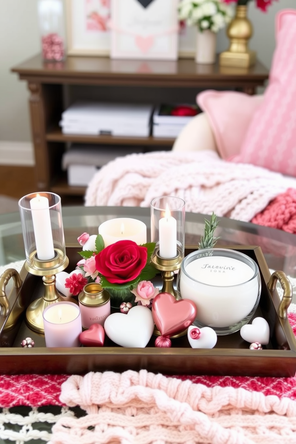 Small decorative trays filled with themed items create a charming focal point in any room. Consider using a mix of candles, small flowers, and seasonal decorations to enhance the theme. For small space Valentine's Day decorating ideas, use heart-shaped accents and soft lighting to create a romantic ambiance. Incorporate delicate textiles like throw pillows and blankets in shades of red and pink to add warmth and coziness.