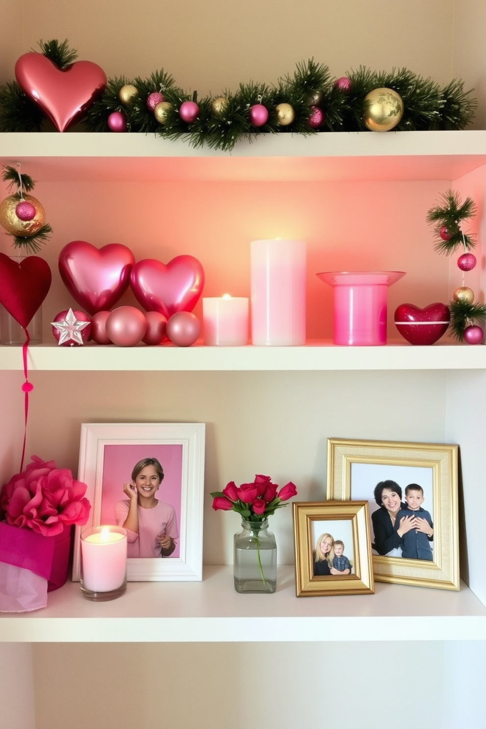 Create a cozy small space decorated for Valentine's Day. The floating shelves are adorned with heart-shaped ornaments, candles in soft pink hues, and framed pictures of loved ones.