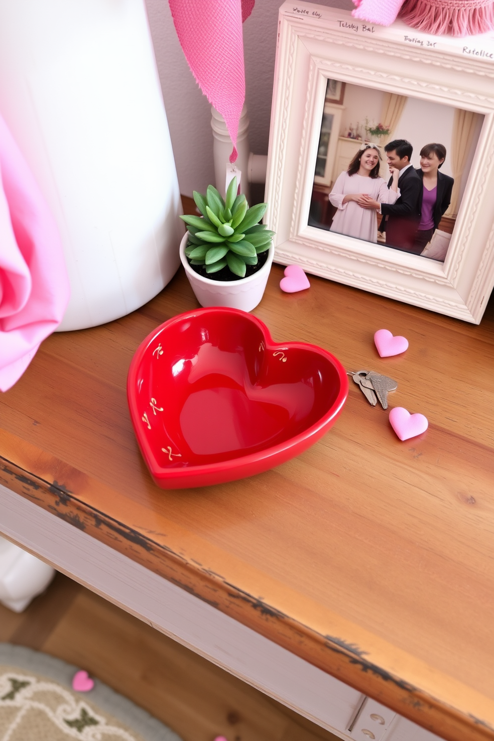 A cute heart-shaped dish for keys sits on a rustic wooden entryway table. The dish is adorned with a glossy red finish and features delicate gold accents that catch the light beautifully. Surrounding the dish are small decorative items like a miniature potted plant and a framed photo of loved ones. Soft pink and white accents in the decor create a warm and inviting atmosphere perfect for Valentine's Day.