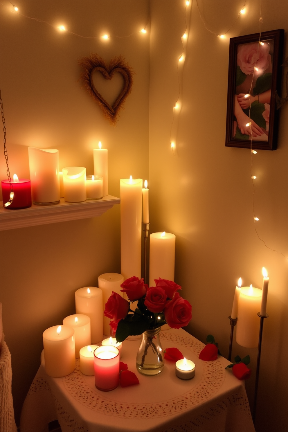 A cozy corner filled with an array of romantic scented candles in varying heights and sizes. The soft glow of the candles casts a warm ambiance, perfect for a Valentine's Day celebration in a small space. Delicate string lights are draped along the walls, enhancing the intimate atmosphere. A small table is adorned with a charming tablecloth, featuring a vase of fresh roses as a centerpiece.