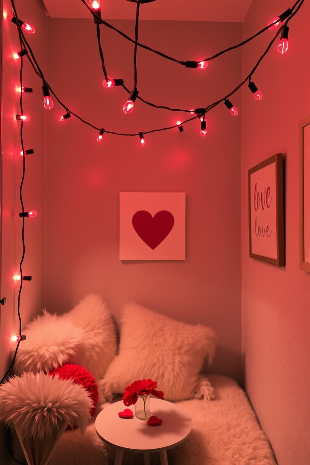 Create a cozy and romantic small space for Valentine's Day. String lights with red bulbs are draped elegantly across the ceiling, casting a warm glow throughout the room. A soft, inviting seating area features plush cushions and a small table adorned with heart-themed decorations. The walls are decorated with simple yet charming artwork that celebrates love and affection.