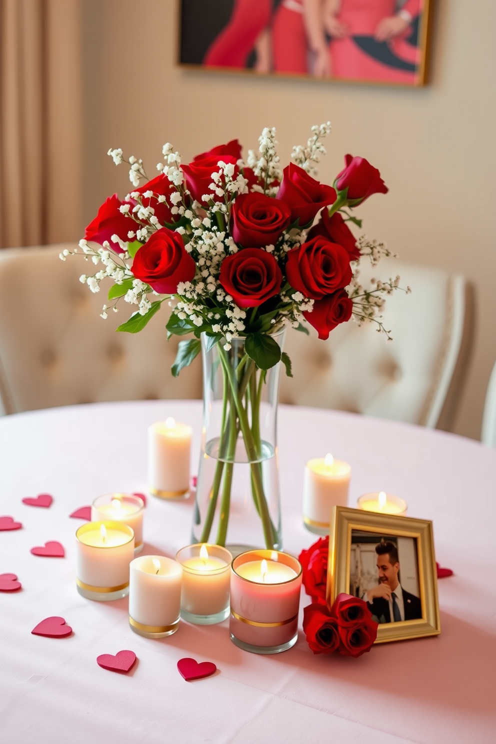 A stylish love-themed table centerpiece features a sleek glass vase filled with vibrant red roses and delicate white baby's breath. Surrounding the vase, scattered heart-shaped candles in varying sizes create a warm and romantic ambiance. For small space Valentine's Day decorating ideas, consider using a compact table adorned with a soft pink tablecloth and elegant gold accents. Add a few framed photos of cherished moments together to personalize the setting and enhance the love-filled atmosphere.