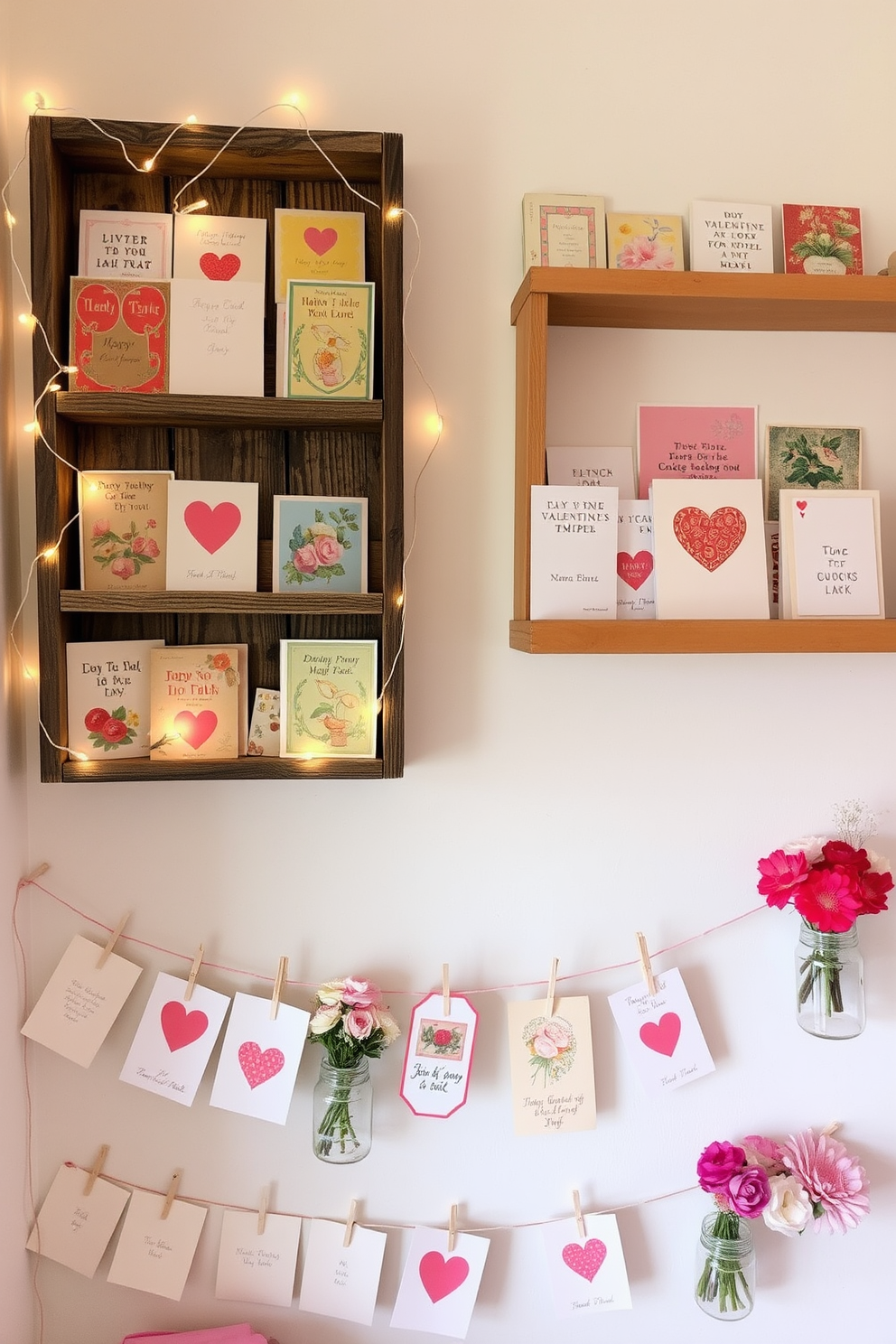 A charming display of vintage cards is arranged on rustic wooden shelves, showcasing an array of colorful designs and heartfelt messages. The shelves are adorned with delicate fairy lights that add a warm glow, creating a cozy atmosphere perfect for Valentine's Day. In a small space, the vintage cards are creatively hung on a string across the wall, complemented by simple floral arrangements in glass jars. Soft pastel colors and playful decorations enhance the romantic vibe, making it an inviting nook for celebrating love.